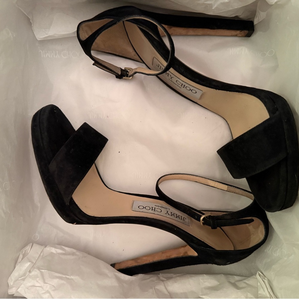 Jimmy Choo Black Stiletto Heels with Suede Straps